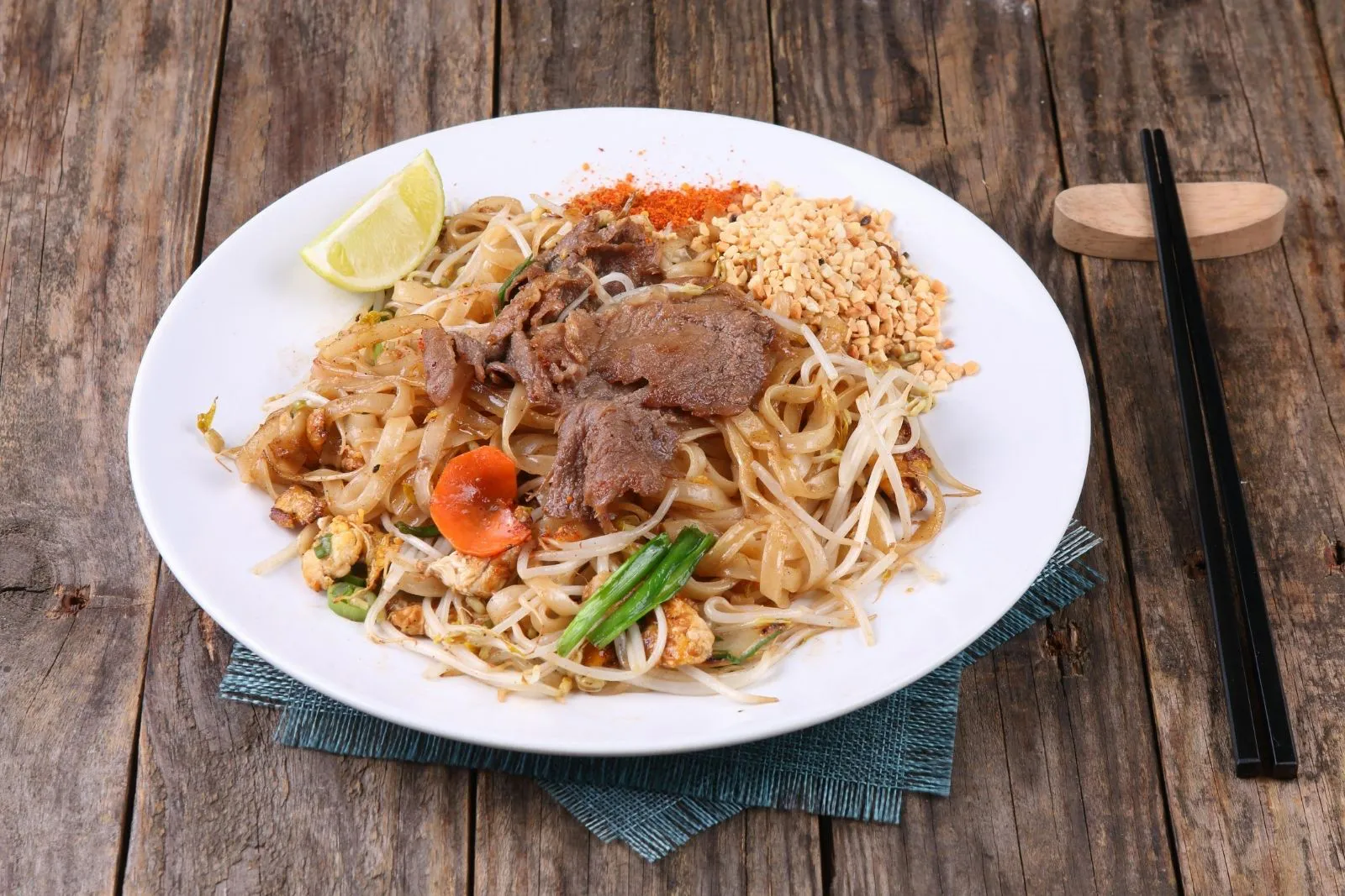 Beef pad thai with peanuts and lime at Phorainbow, a Vietnamese Restaurant in Brooklyn